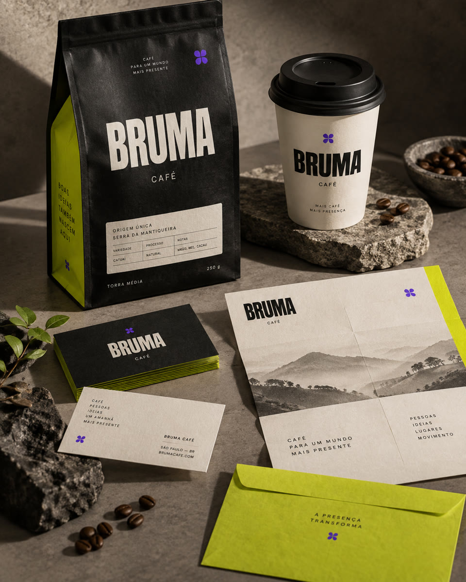 Mockup conceptual de identidad de Bruma Café aplicado a envases y papelería