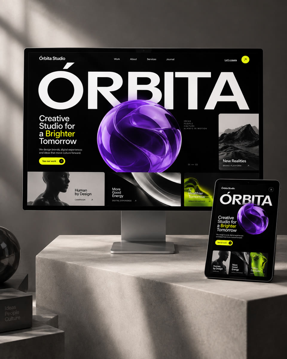 Mockup conceptual de una web de estudio creativo en monitor y tableta