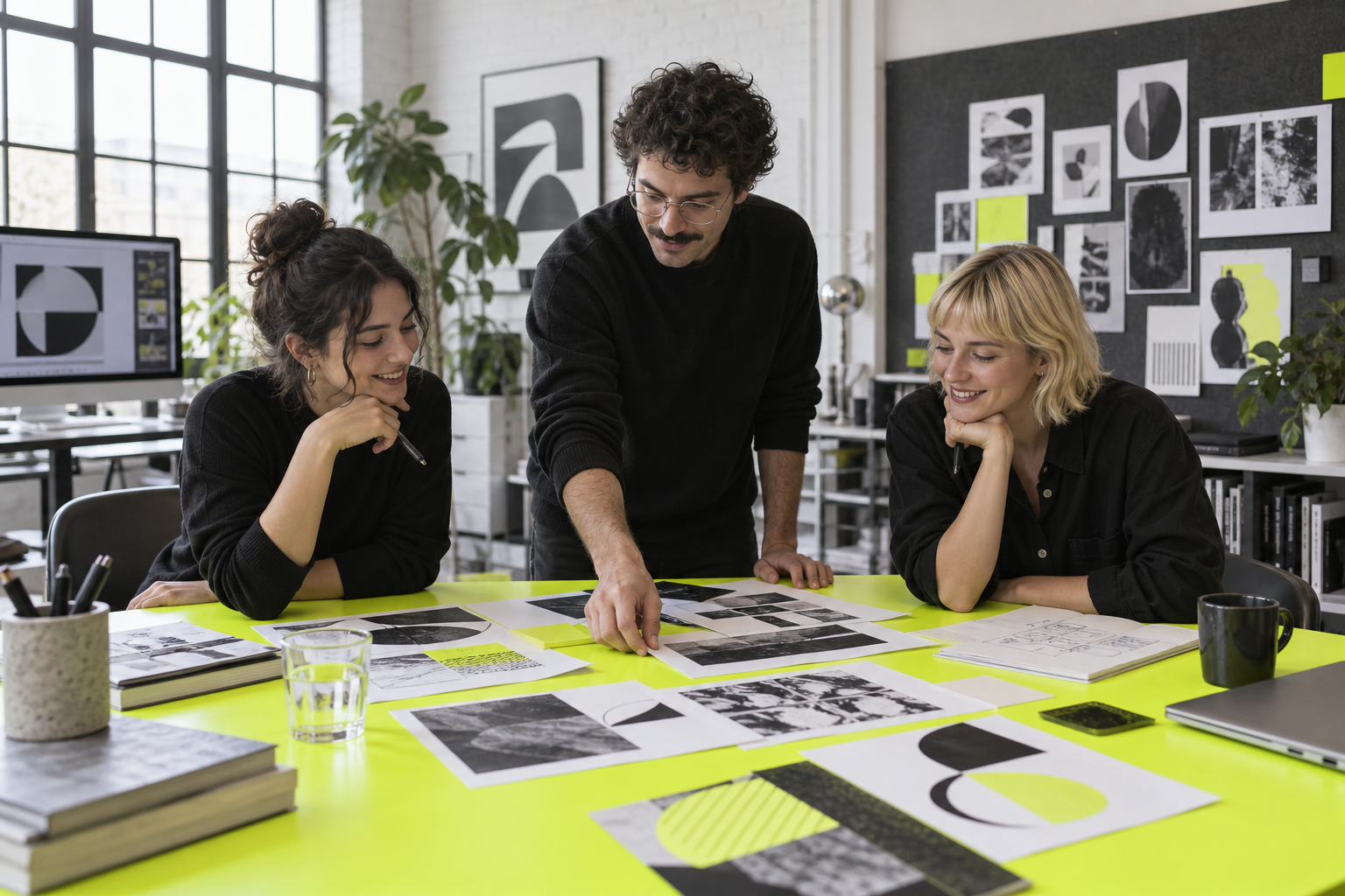 Escena ficticia de tres creativos colaborando en un estudio con una mesa amarillo lima